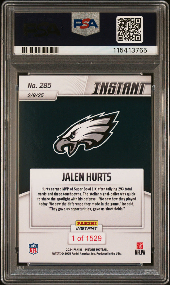 Graded 2024 Panini Instant NFL Jalen Hurts #285 Football Card PSA 9 Mint