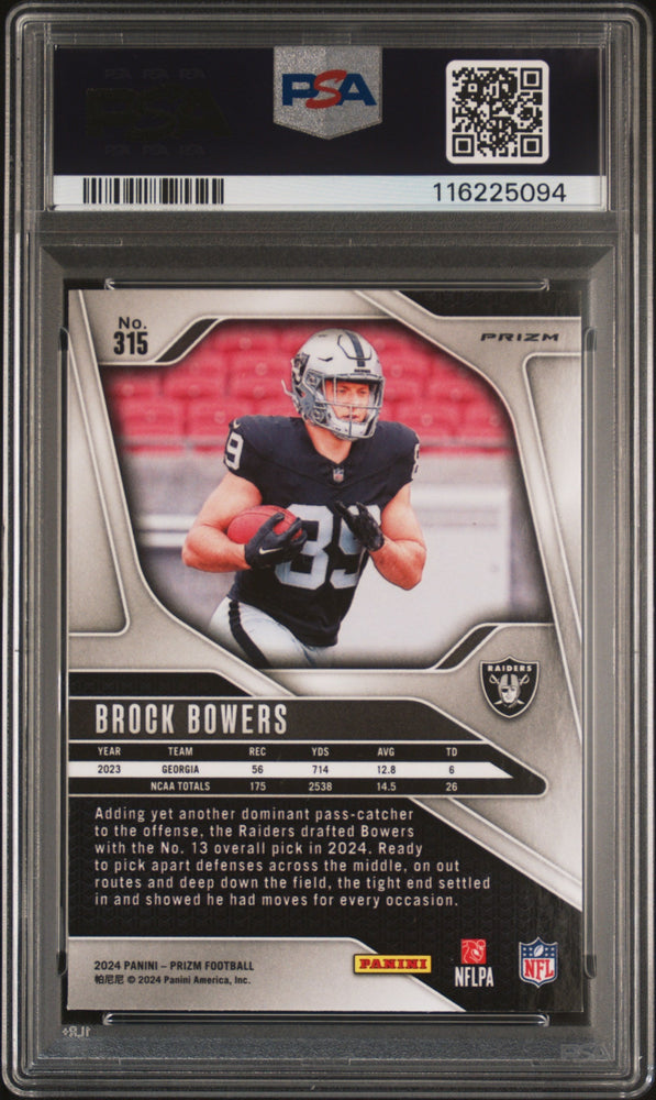 Graded 2024 Panini Prizm Brock Bowers #315 Neon Green Pulsar Rookie RC Football Card PSA 10 Gem Mint (ONLINE ORDER ONLY)