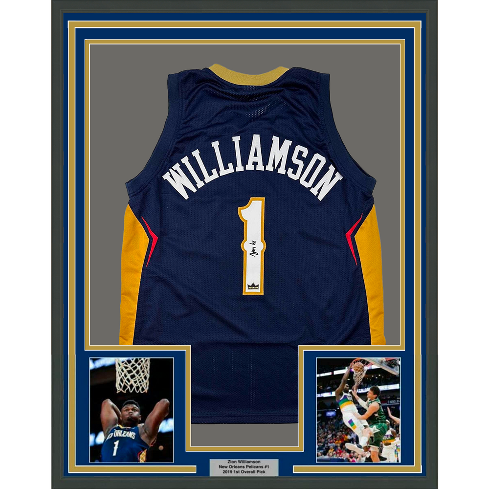 Framed Facsimile Autographed Zion Williamson 35x39 New Orleans Blue Reprint Laser Auto Basketball Jersey (ONLINE ORDER ONLY)