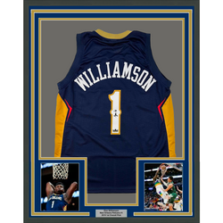 Framed Facsimile Autographed Zion Williamson 35x39 New Orleans Blue Reprint Laser Auto Basketball Jersey (ONLINE ORDER ONLY)
