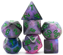 Purple & Blue w/green Galaxy Glitter 7-Dice Set RPG (Online Only)