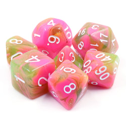 Apple Taffy Lime Green/Pink Glitter/Swirl  7-Dice Set by HendgaDice (Online Only)