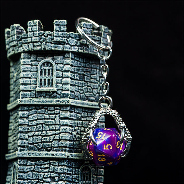Claw Blended Purple D20 Keychain Featuring Silver Metal Dragon Claw + d20 (Online Only)