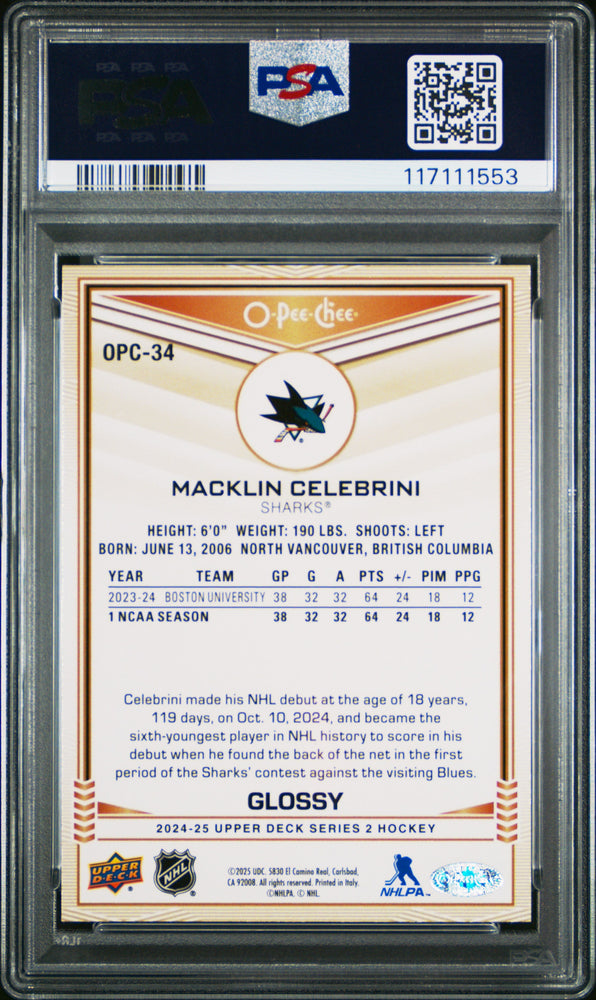 Graded 2024 Upper Deck Macklin Celebrini #OPC34 O-Pee-Chee Glossy Gold Rookie RC Hockey Card PSA 10 Gem Mint (ONLINE ORDER ONLY)