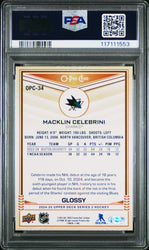 Graded 2024 Upper Deck Macklin Celebrini #OPC34 O-Pee-Chee Glossy Gold Rookie RC Hockey Card PSA 10 Gem Mint (ONLINE ORDER ONLY)