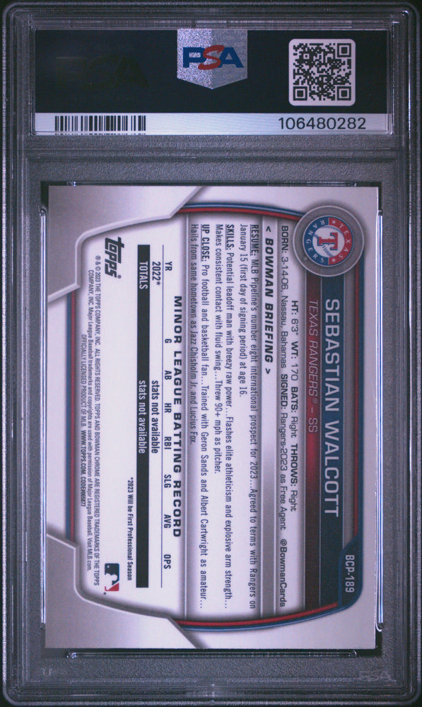 Graded 2023 Topps Bowman Chrome Sebastian Walcott #BCP189 Prospects Rookie RC Baseball Card PSA 10 Gem Mint (ONLINE ORDER ONLY)