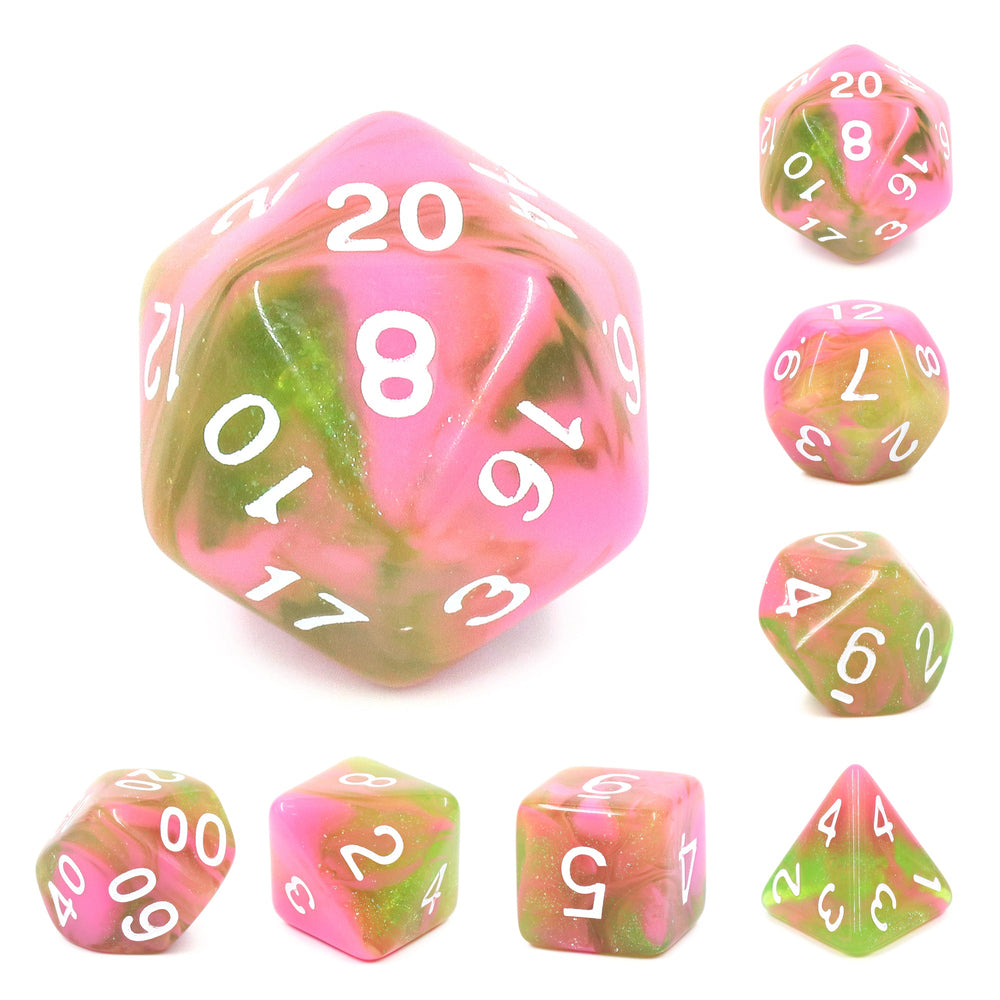 Apple Taffy Lime Green/Pink Glitter/Swirl  7-Dice Set by HendgaDice (Online Only)