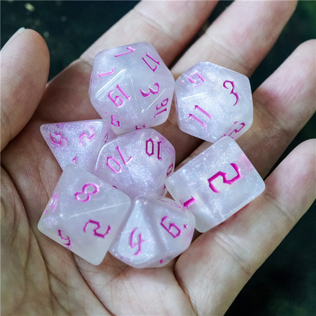 Glitter Party White Glitter Dice (Pink font) 7-Dice Set RPG DND (Online Only)