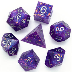 Purple Glitter Sharp Edge DND Dice Set | Gold Flake w/Silver Numbers (Online Only)