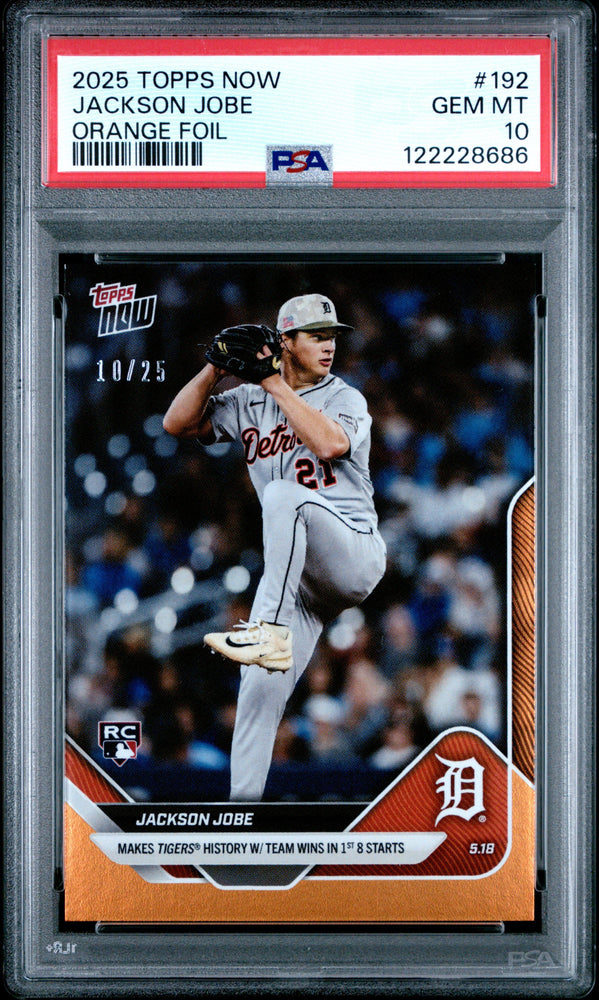 Graded 2025 Topps Now Jackson Jobe #192 Orange Foil /25 Rookie RC Baseball Card PSA 10 Gem Mint