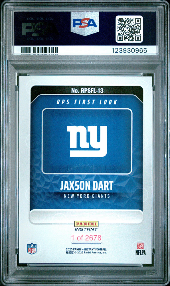Graded 2025 Panini Instant Jaxson Dart #RPSFL13 RPS First Look Rookie RC Football Card PSA 9 Mint (ONLINE ORDER ONLY)