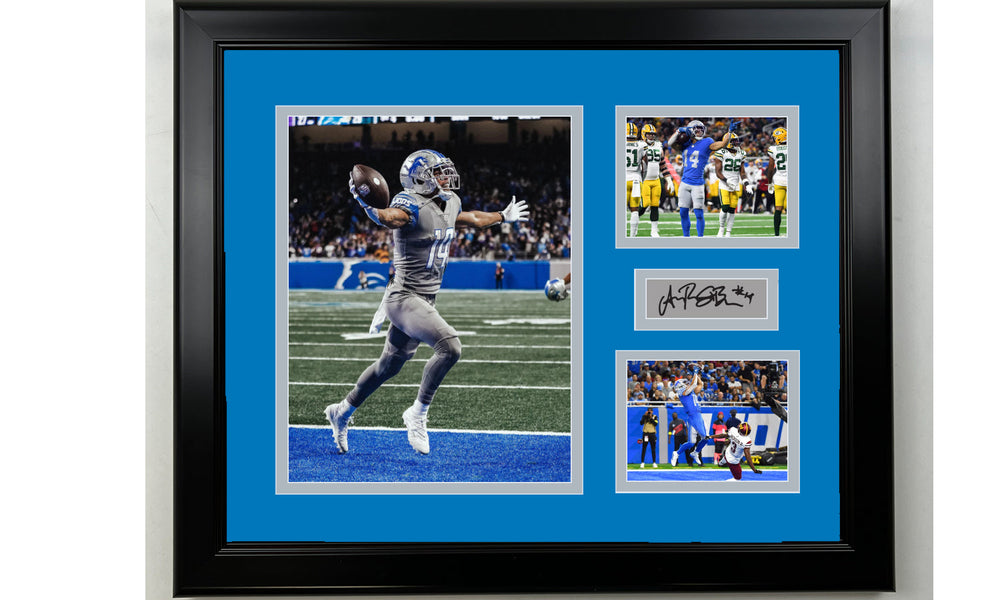 Framed Amon-Ra St. Brown Detroit Lions Facsimile Laser Engraved Signature Football 14x11 3 Photo Collage (ONLINE ORDER ONLY)