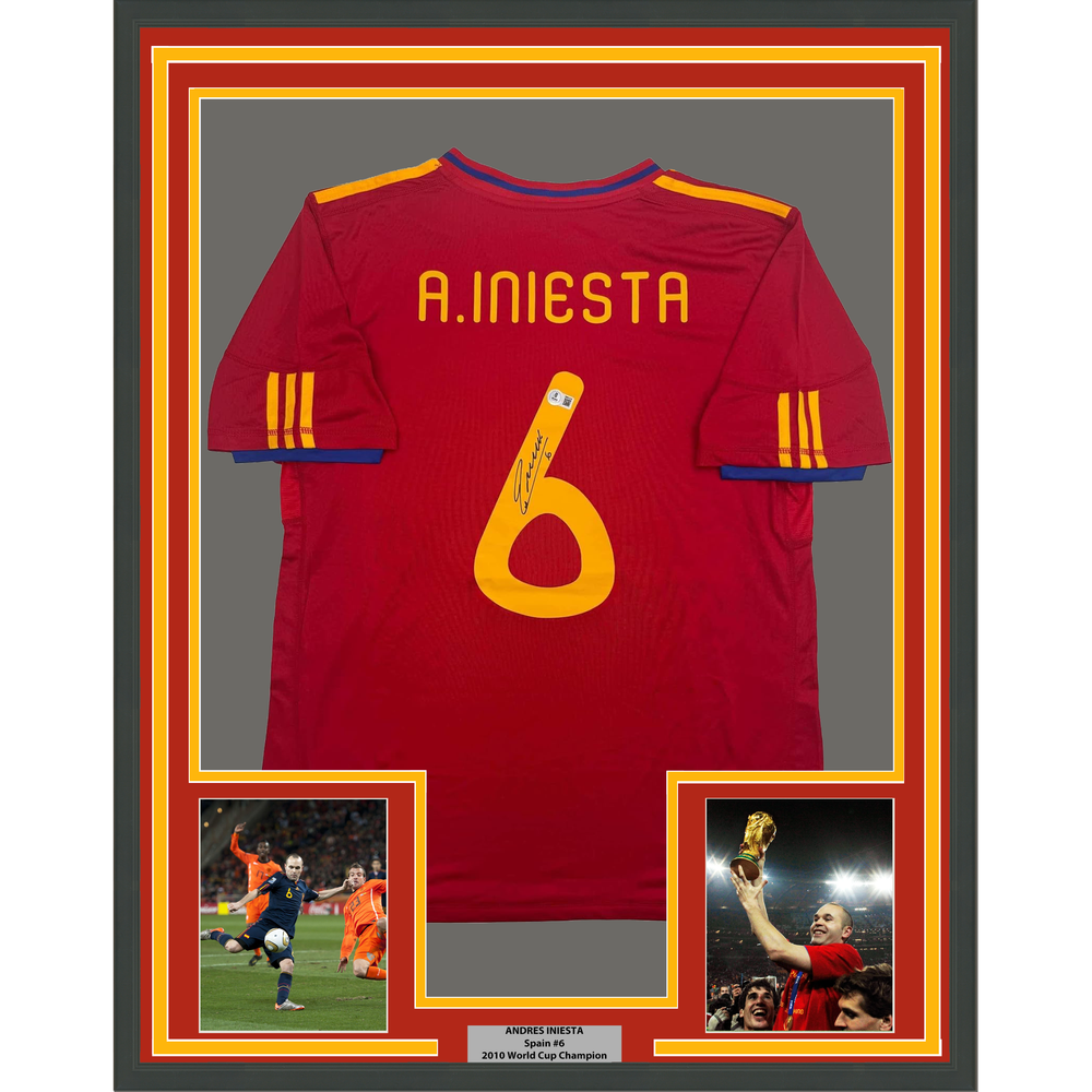 Framed Autographed/Signed Andres Iniesta 35x39Spain Red World Cup Soccer Futbol Jersey Beckett BAS COA
