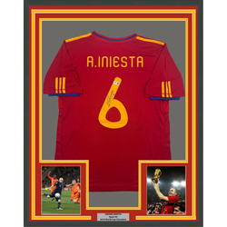 Framed Autographed/Signed Andres Iniesta 35x39Spain Red World Cup Soccer Futbol Jersey Beckett BAS COA