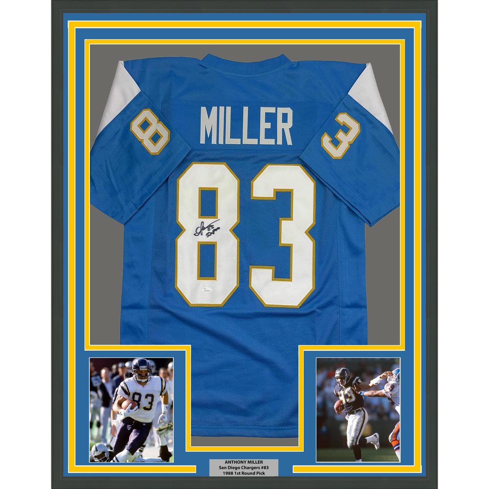 Framed Autographed/Signed Anthony Miller 35x39 San Diego Los Angeles LA Powder Blue Football Jersey JSA COA