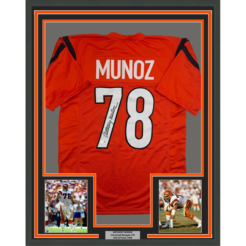 Framed Autographed/Signed Anthony Munoz 35x39 Cincinnati Orange Football Jersey Beckett BAS COA