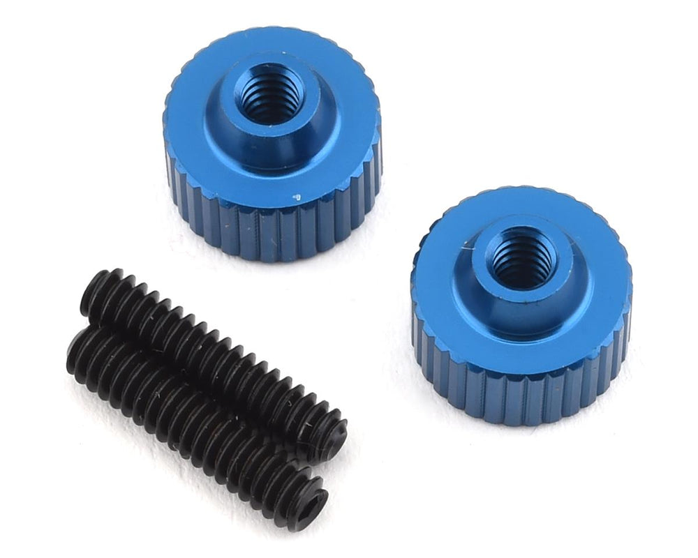Team Associated Factory Team Blue Aluminum Battery Strap Thumbscrews 2-Pack