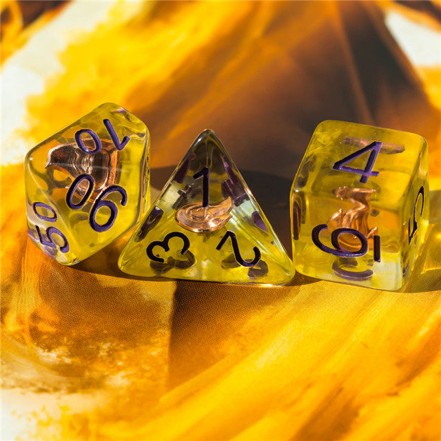 Sorcerer (Fire) Clear Yellow Dice Purple w/ Golden Fire 7-Dice Set Rpg (Online Only)