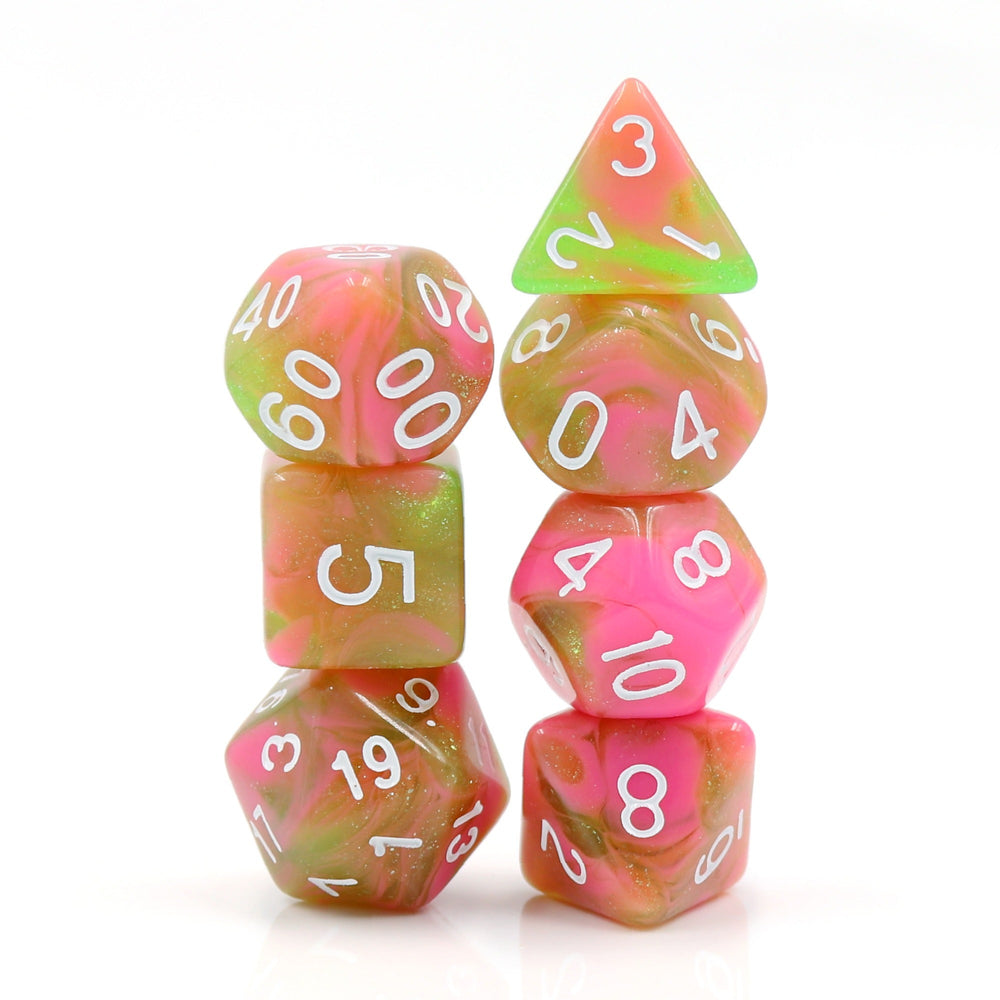 Apple Taffy Lime Green/Pink Glitter/Swirl  7-Dice Set by HendgaDice (Online Only)