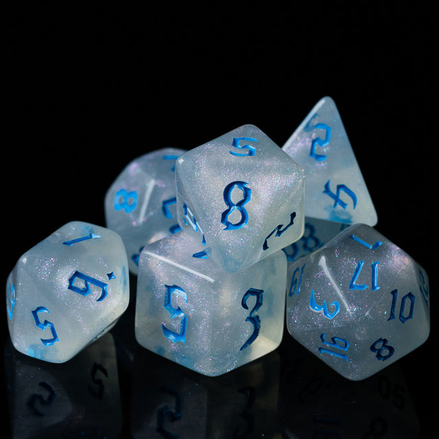 Glitter Party White Glitter Dice (Blue font) 7-Dice Set RPG DND (Online Only)