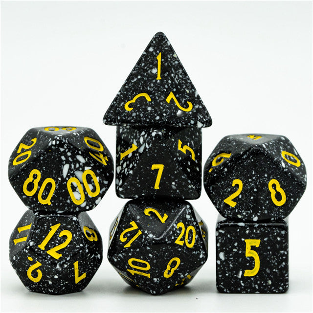 Freckled Black-&-White Homage 7-Dice Set w/Yellow Numbers Minimalist (Online Only)