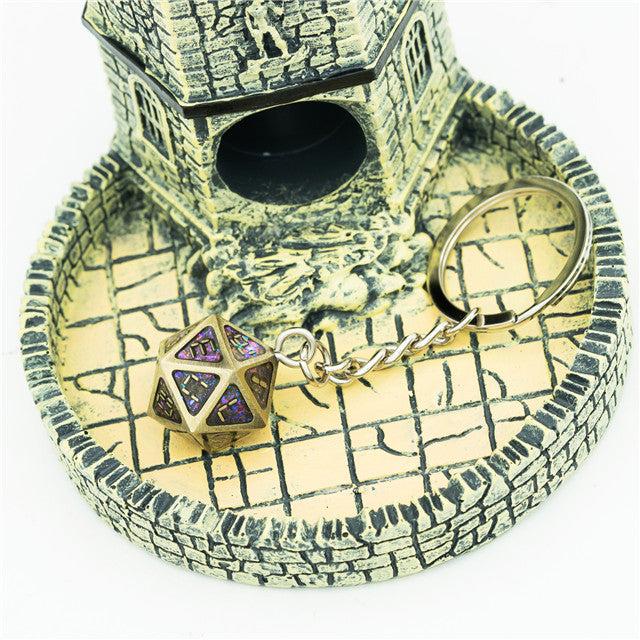 Metal D20 w/ Purple Glitter Keychain Analogue Font d20 (Online Only)