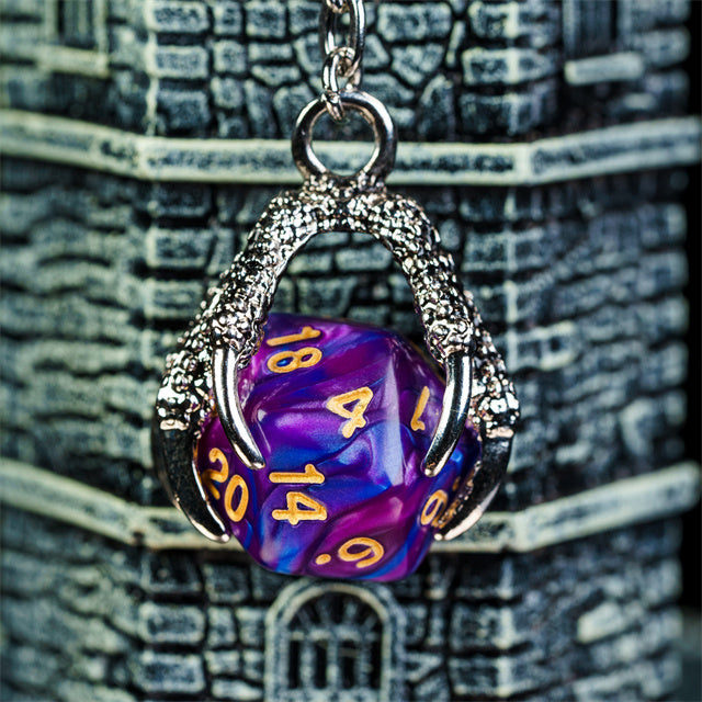 Claw Blended Purple D20 Keychain Featuring Silver Metal Dragon Claw + d20 (Online Only)