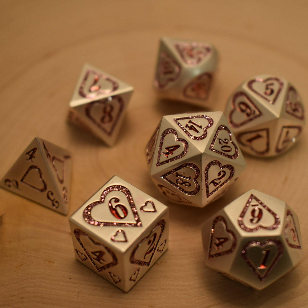 Valentine Pink and Silver Heart Metal Dice Set (ONLINE ORDER ONLY)