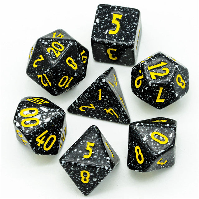 Freckled Black-&-White Homage 7-Dice Set w/Yellow Numbers Minimalist (Online Only)