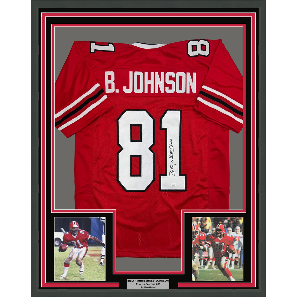 Framed Autographed/Signed Billy White Shoes Johnson 35x39 Atlanta Red Football Jersey JSA COA