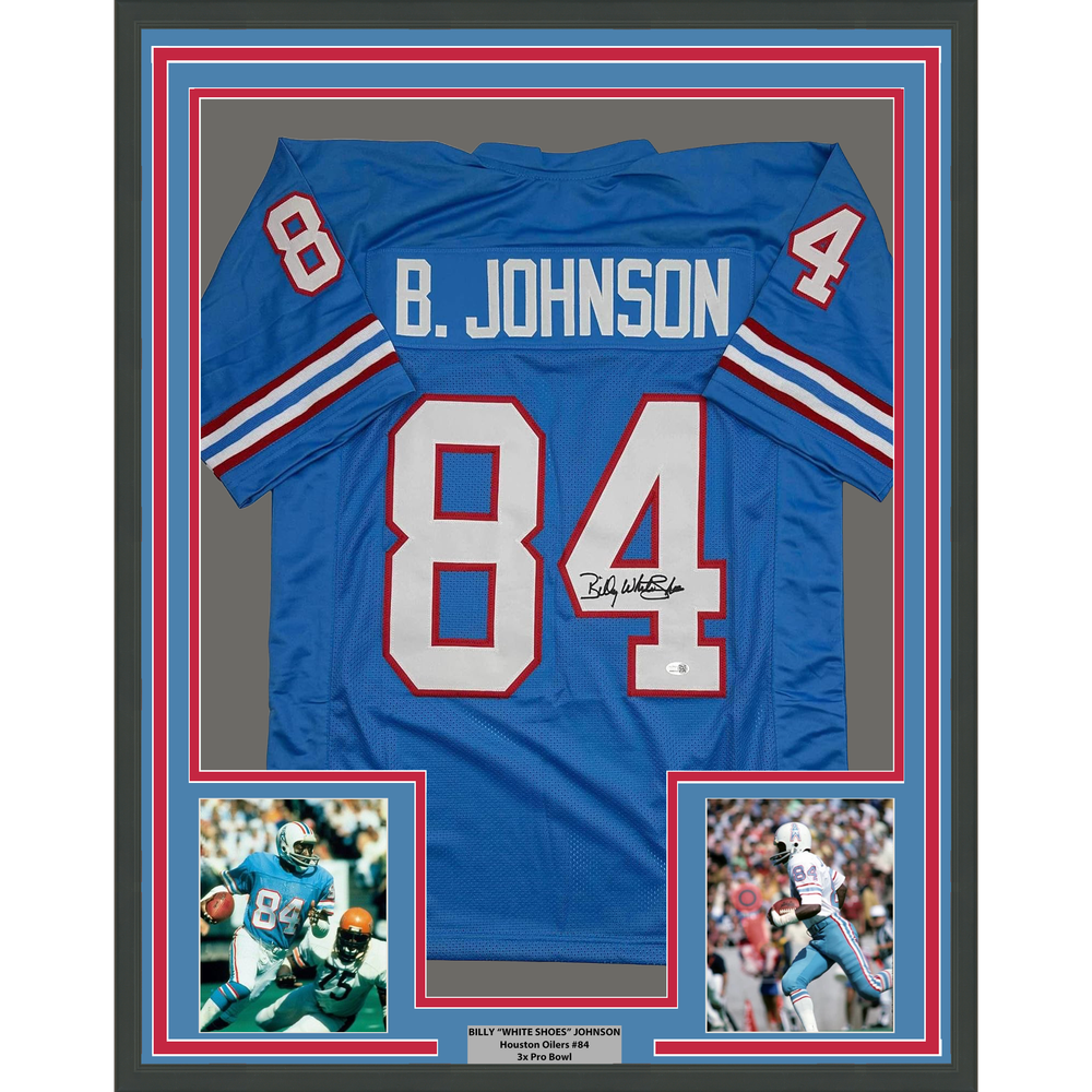Framed Autographed/Signed Billy White Shoes Johnson 35x39 Tennessee Retro Light Blue Football Jersey JSA COA