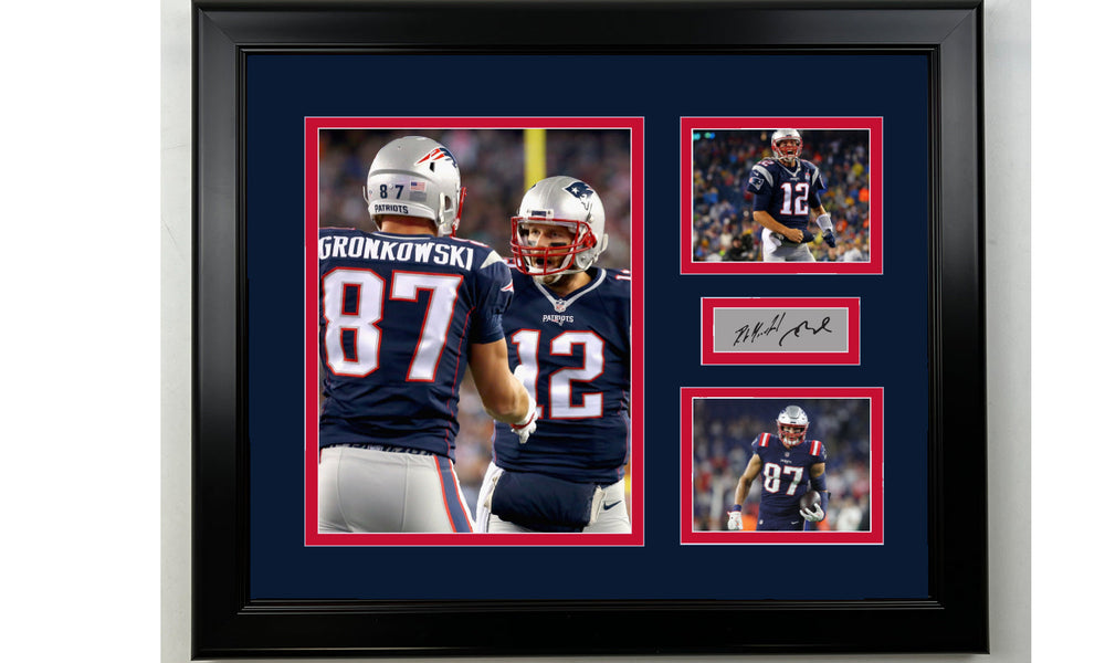 Framed Tom Brady & Rob Gronkowski New England Patriots Facsimile Laser Engraved Signature Football 14x11 3 Photo Collage (ONLINE ORDER ONLY)