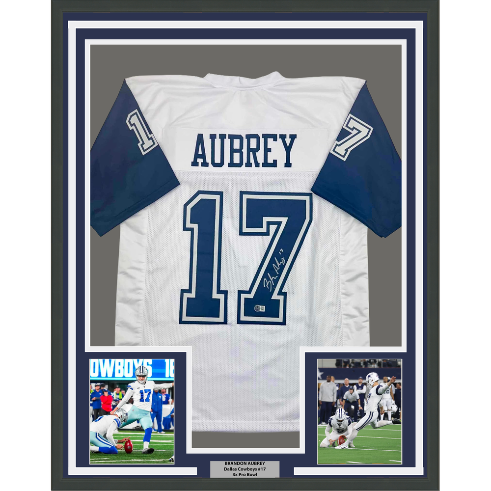 Framed Autographed/Signed Brandon Aubrey 35x39 Dallas Color Rush Football Jersey Beckett BAS COA