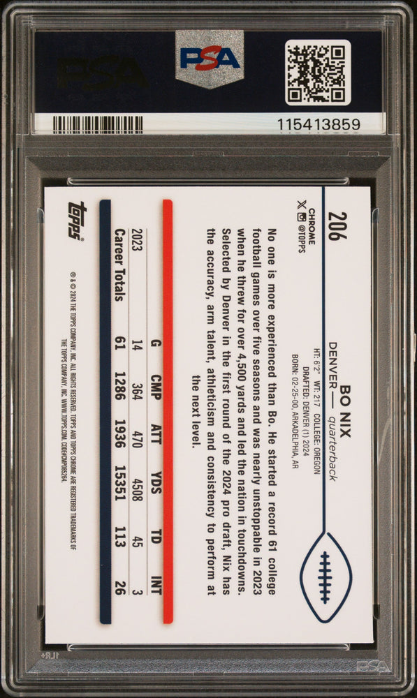 Graded 2024 Topps Chrome Bo Nix #206 Rookie RC Football Card PSA 9 Mint