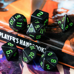 Economy Black Dice (Green font) 7-Dice Set RPG DND (Online Only)