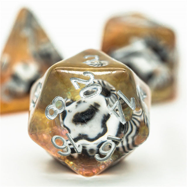 Desert Bull Head 7-Dice Set w/Silver Numbers White Skull on Gold Glitter (Online Only)