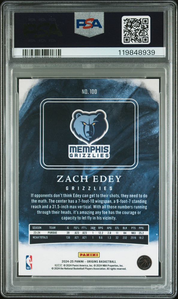 Graded 2024 Panini Origins Zach Edey #100 Rookie RC Basketball Card PSA 10 Gem Mint (ONLINE ORDER ONLY)