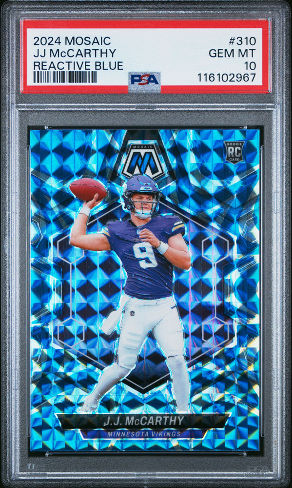 Graded 2024 Panini Mosaic JJ McCarthy #310 Reactive Blue Rookie RC Football Card PSA 10 Gem Mint (ONLINE ORDER ONLY)