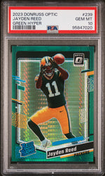 Graded 2023 Panini Donruss Optic Jayden Reed #239 Green Hyper Rookie RC Football Card PSA 10 Gem Mint (ONLINE ORDER ONLY)