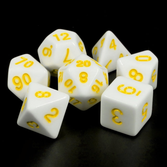 White Opaque with Yellow Numbering 7-Dice Set RPG (Online Only)