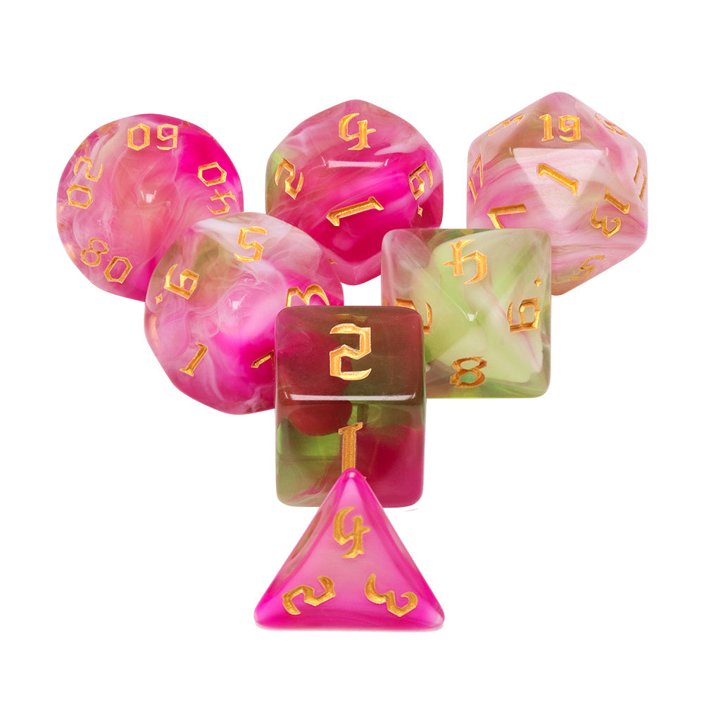 Superbloom 7-Dice Dnd Dice Pink | Green w/Gold Numbers Set (Online Only)