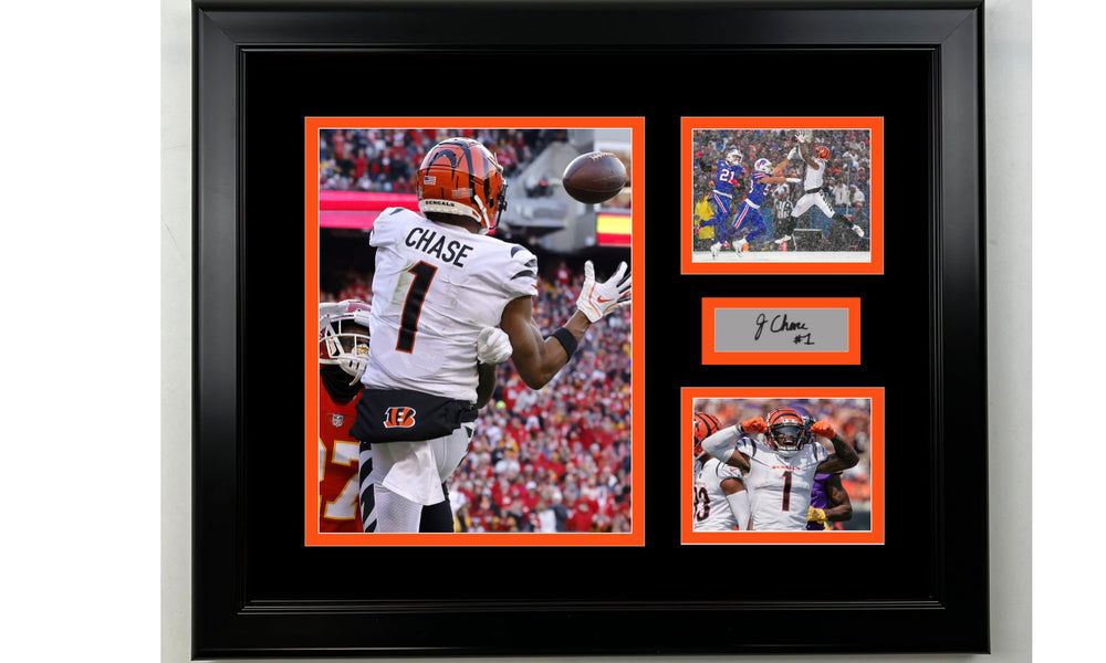 Framed Ja'Marr Chase Cincinnati Bengals Facsimile Laser Engraved Signature Football 14x11 3 Photo Collage (ONLINE ORDER ONLY)