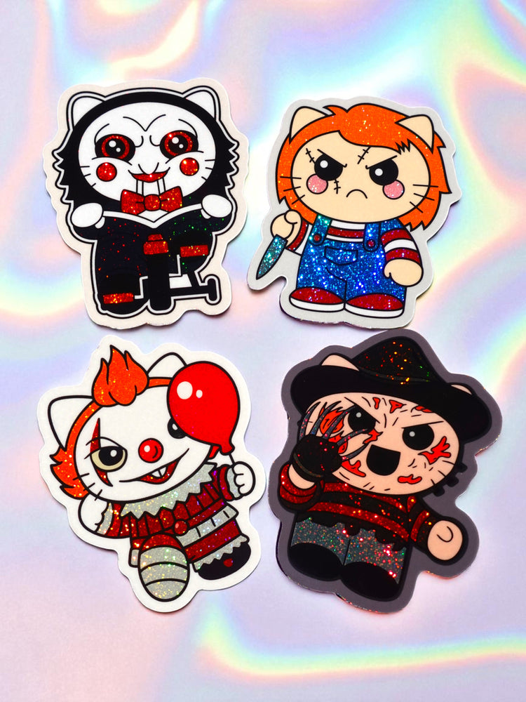 Chibi Horror Sticker Set – Cute Slasher Glitter Vinyl Decals (4 Pack) (ONLINE ORDER ONLY)