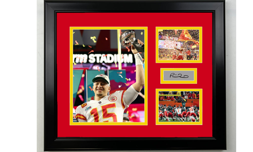 Framed Kansas City Chiefs Super Bowl LVII Champions Mahomes MVP Facsimile Laser Engraved Signature Football 14x11 3 Photo Collage (ONLINE ORDER ONLY)