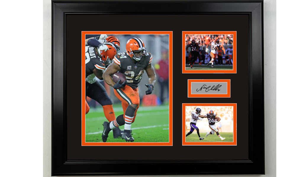 Framed Nick Chubb Cleveland Browns Facsimile Laser Engraved Signature Football 14x11 3 Photo Collage (ONLINE ORDER ONLY)
