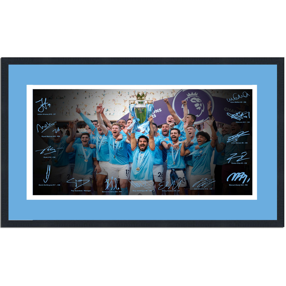 Framed Manchester City 2022/2023 Premier League Champions Facsimile Signature Team Auto 16x24 Soccer Photo (ONLINE ORDER ONLY)