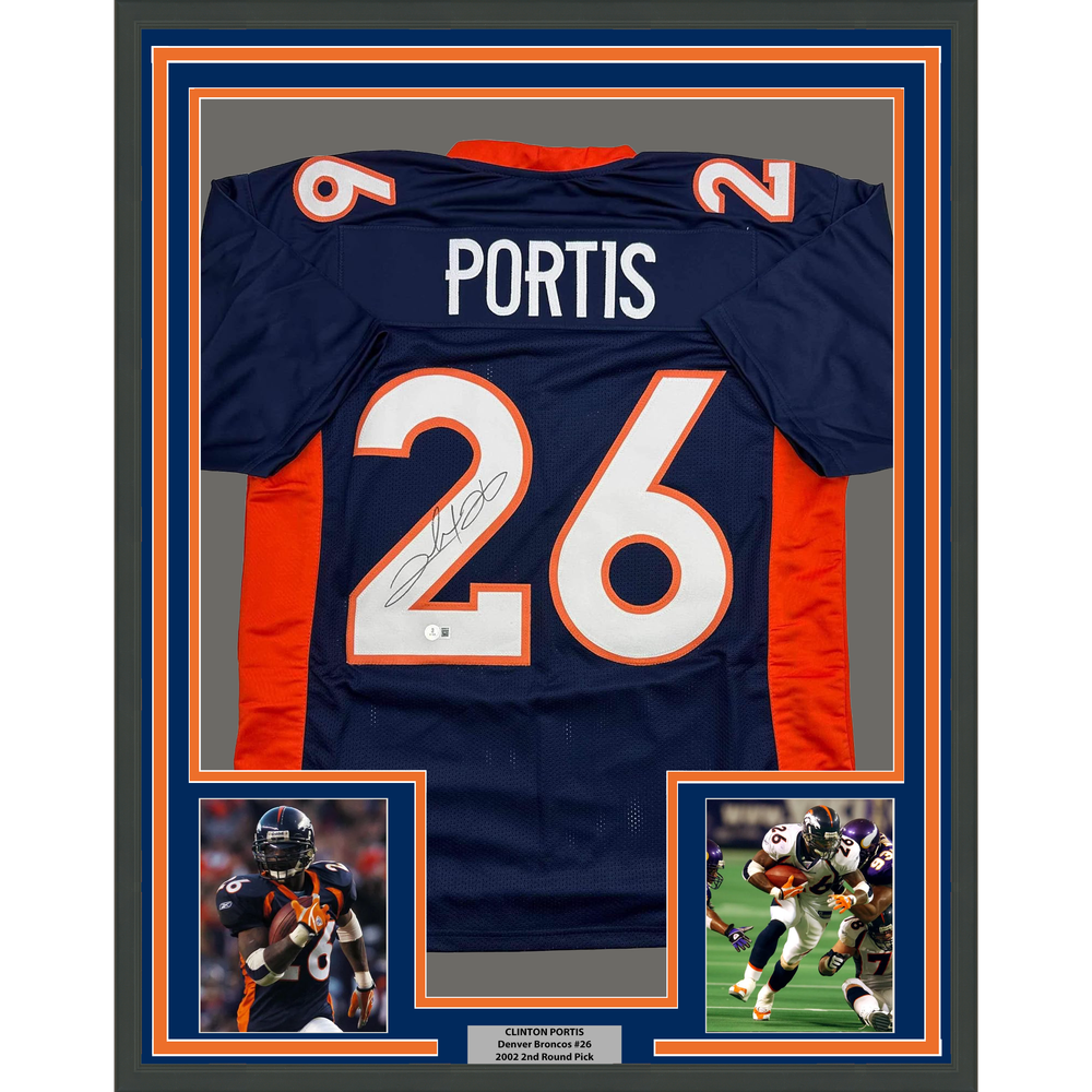 Framed Autographed/Signed Clinton Portis 35x39 Denver Blue Football Jersey Beckett BAS COA