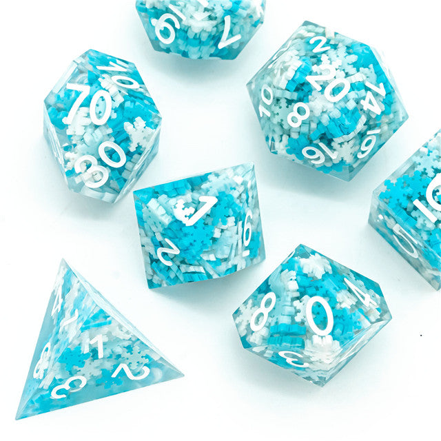 Snowflake Sharp Edge DND Dice Set | White & Blue w/White Numbers (Online Only)