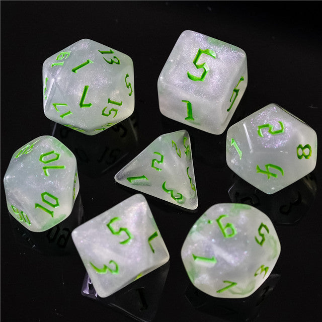 Glitter Party White Glitter Dice (Green font) 7-Dice Set RPG DND (Online Only)