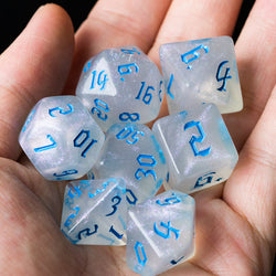 Glitter Party White Glitter Dice (Blue font) 7-Dice Set RPG DND (Online Only)